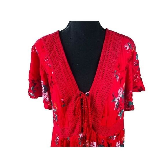 Torrid 5XL Red Floral Flutter Sleeve Lace Up Neck Dress midi sundress career - Picture 3 of 8